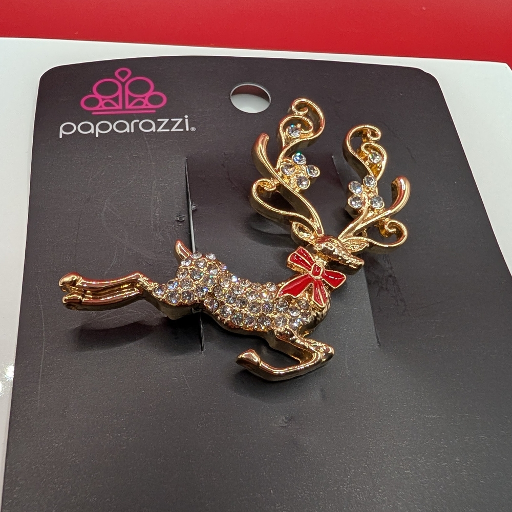 Paparazzi Gold Reindeer Brooch with Red Bow